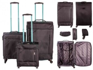 7004 BLACK/TURQUOISE LIGHTWEIGHT SET OF 3 TRAVEL TROLLEY SUITCAS