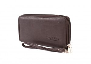 5906 WINTER D.BROWN LTHR GRN PU TWIN ZIP RND PURSE,WRIST STRAP