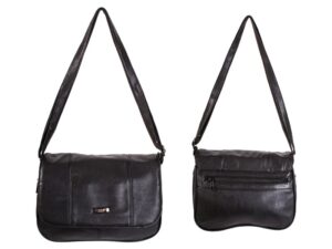 5879 BLACK LTHR GRN PU FLAPOVER BAG WITH 3 INNER ZIPS