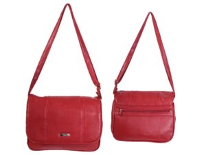 5879 RED LTHR GRN PU FLAPOVER BAG WITH 3 INNER ZIPS