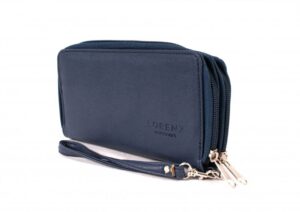 5906 WINTER NAVY LTHR GRAIN PU TWIN ZIP ROUND PURSE,WRIST STRAP