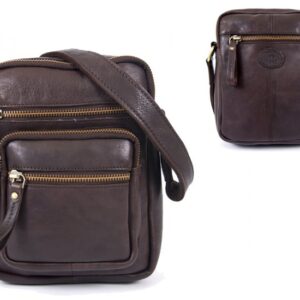 0801 BROWN F.GRN C.HIDE MED. UNISEX CROSS BODY BAG WTH 6 ZIPS