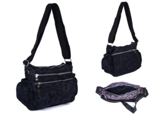 2502 BLK FLORAL LORENZ SHOULDER BAG WITH 4 ZIPS