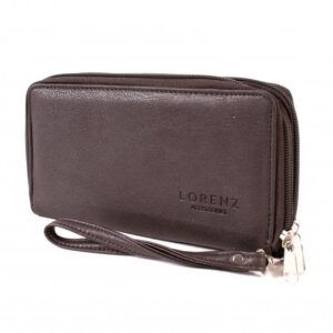 5906 WINTER D.BROWN LTHR GRN PU TWIN ZIP RND PURSE,WRIST STRAP