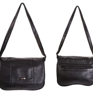 5879 BLACK LTHR GRN PU FLAPOVER BAG WITH 3 INNER ZIPS