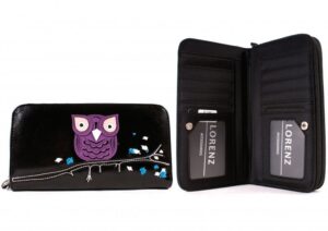 7103 OWL BLACK LONG ZIP ROUND PU PURSE WITH OWL ON BRANCH