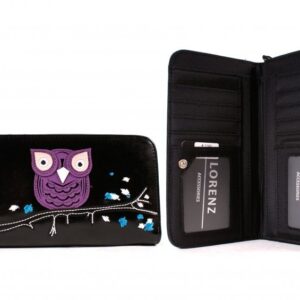 7103 OWL BLACK LONG ZIP ROUND PU PURSE WITH OWL ON BRANCH