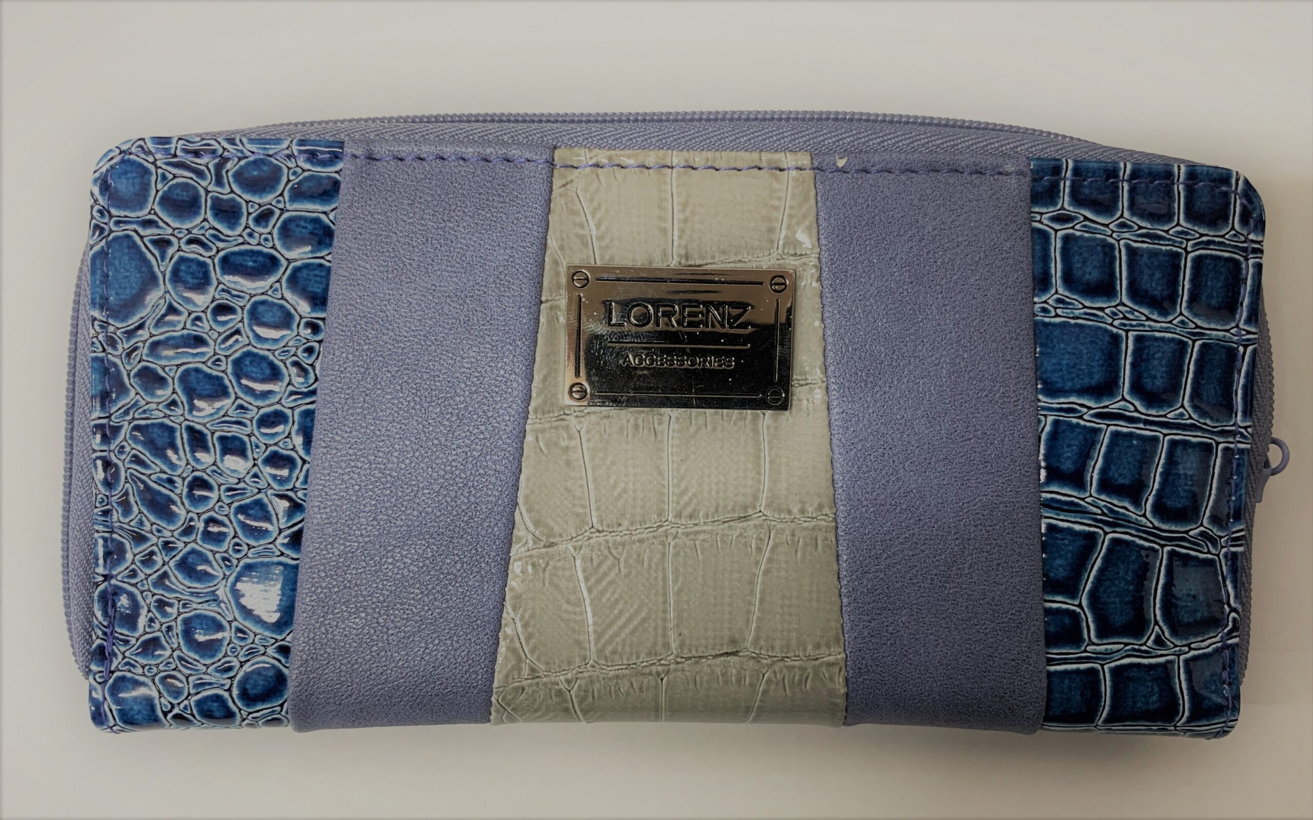 7578 BLUE AND GREY THREE TONE LORENZ CROC ZIP ROUND PURSE