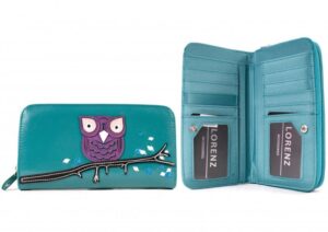 7103 OWL TURQUOISE LONG ZIP ROUND PU PURSE WITH OWL ON BRANCH
