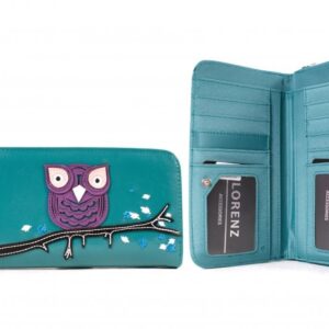 7103 OWL TURQUOISE LONG ZIP ROUND PU PURSE WITH OWL ON BRANCH