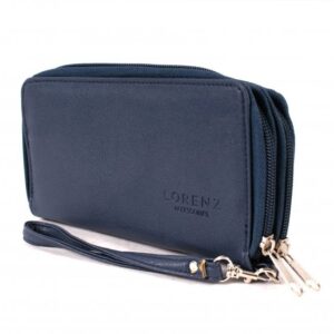 5906 WINTER NAVY LTHR GRAIN PU TWIN ZIP ROUND PURSE,WRIST STRAP
