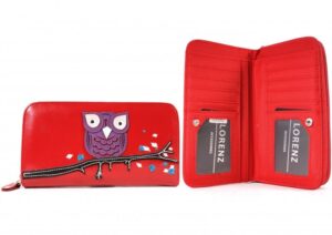 7103 OWL RED LONG ZIP ROUND PU PURSE WITH OWL ON BRANCH