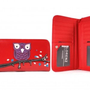 7103 OWL RED LONG ZIP ROUND PU PURSE WITH OWL ON BRANCH
