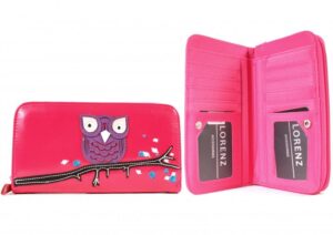 7103 OWL CERISE LONG ZIP ROUND PU PURSE WITH OWL ON BRANCH