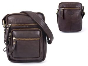 0801 BROWN F.GRN C.HIDE MED. UNISEX CROSS BODY BAG WTH 6 ZIPS
