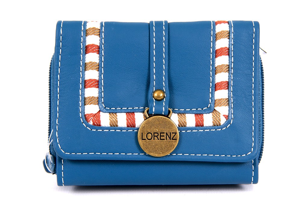 7538 BLUE PU PURSE WITH BRASS TAG & FAB DETAIL