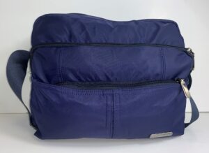 2452 NAVY SHINY POLY TWIN TOP ZIP X-BODY BAG FRONT ZIP, BACK