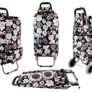ST-FP-02 BLACK WHITE FLOWER 2 WHEEL SHOPPING TROLLEY